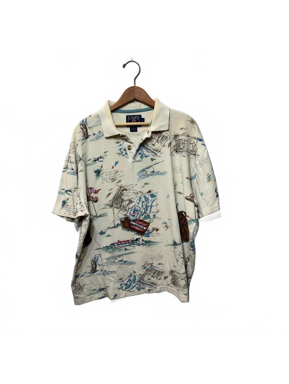 Chaps Cream Golf Course Print Polo Shirt Mens L Vintage